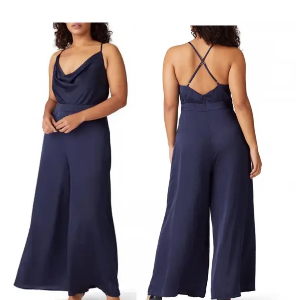 Fame and Partners Navy Blue Satin Isabella Jumpsuit Size 20R